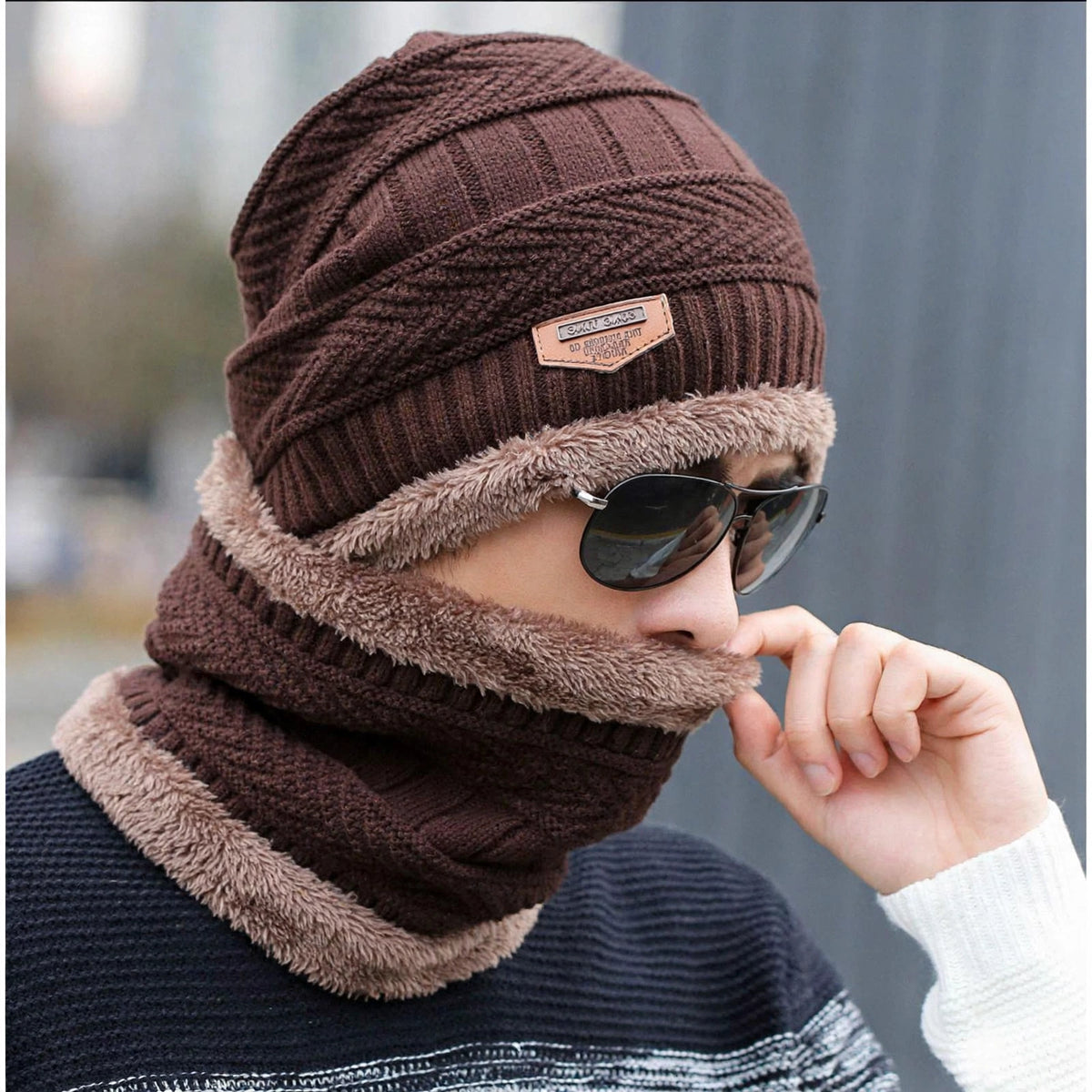 Velvet Winter Beanie Cap & Neck Warmer Set