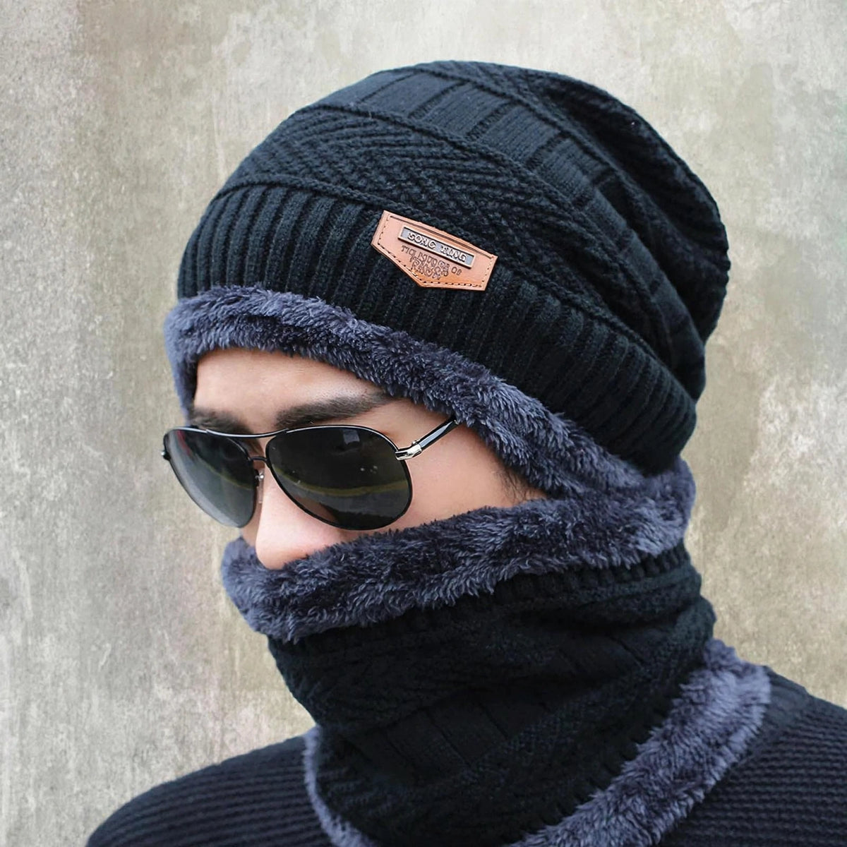 Velvet Winter Beanie Cap & Neck Warmer Set